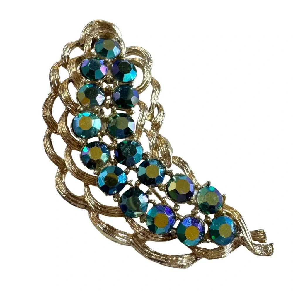 Vintage Statement‎ Brooch Pin Peacock Blue Green Aurora Borealis Rhinestones